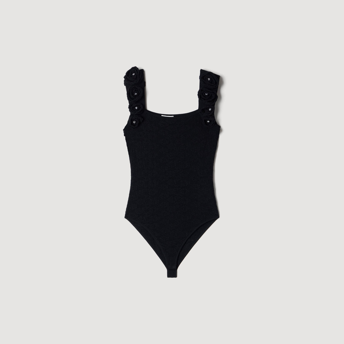 Venise Knit bodysuit with beaded flowers Black