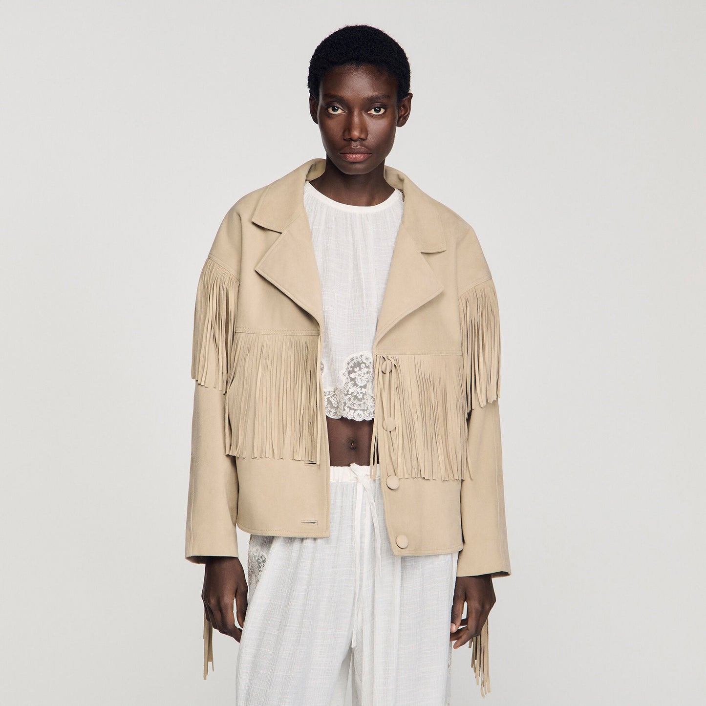 Jackie Fringed Suede Jacket Beige