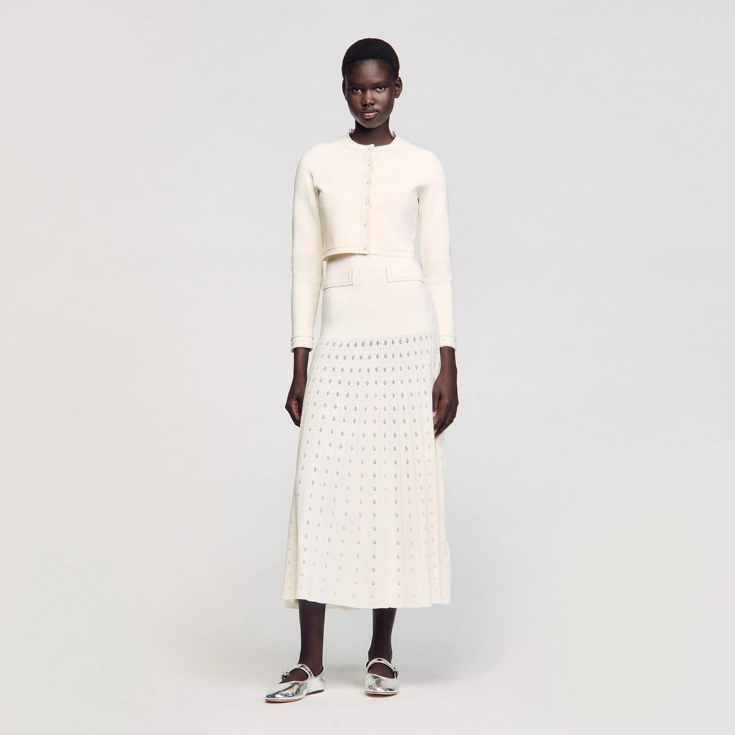 Blondeau Cropped Cardigan With Peal Buttons Ecru