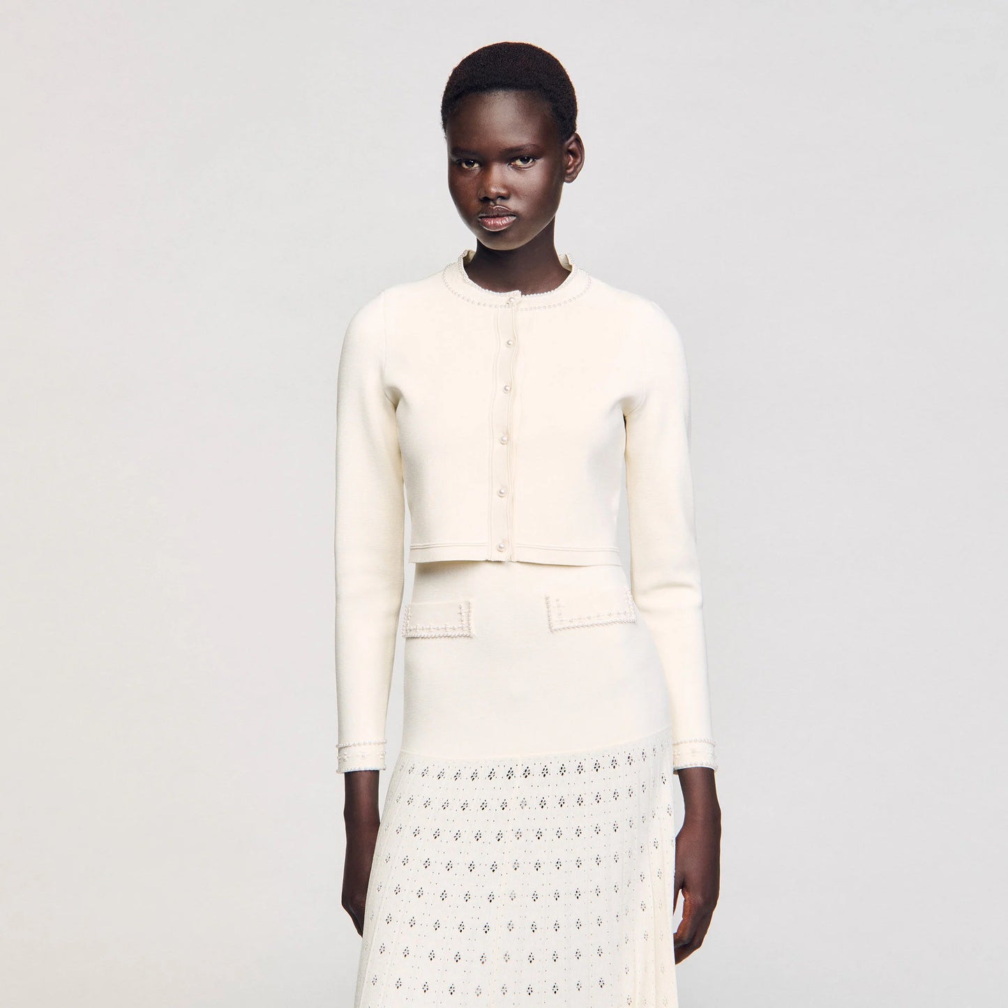 Blondeau Cropped Cardigan With Peal Buttons Ecru