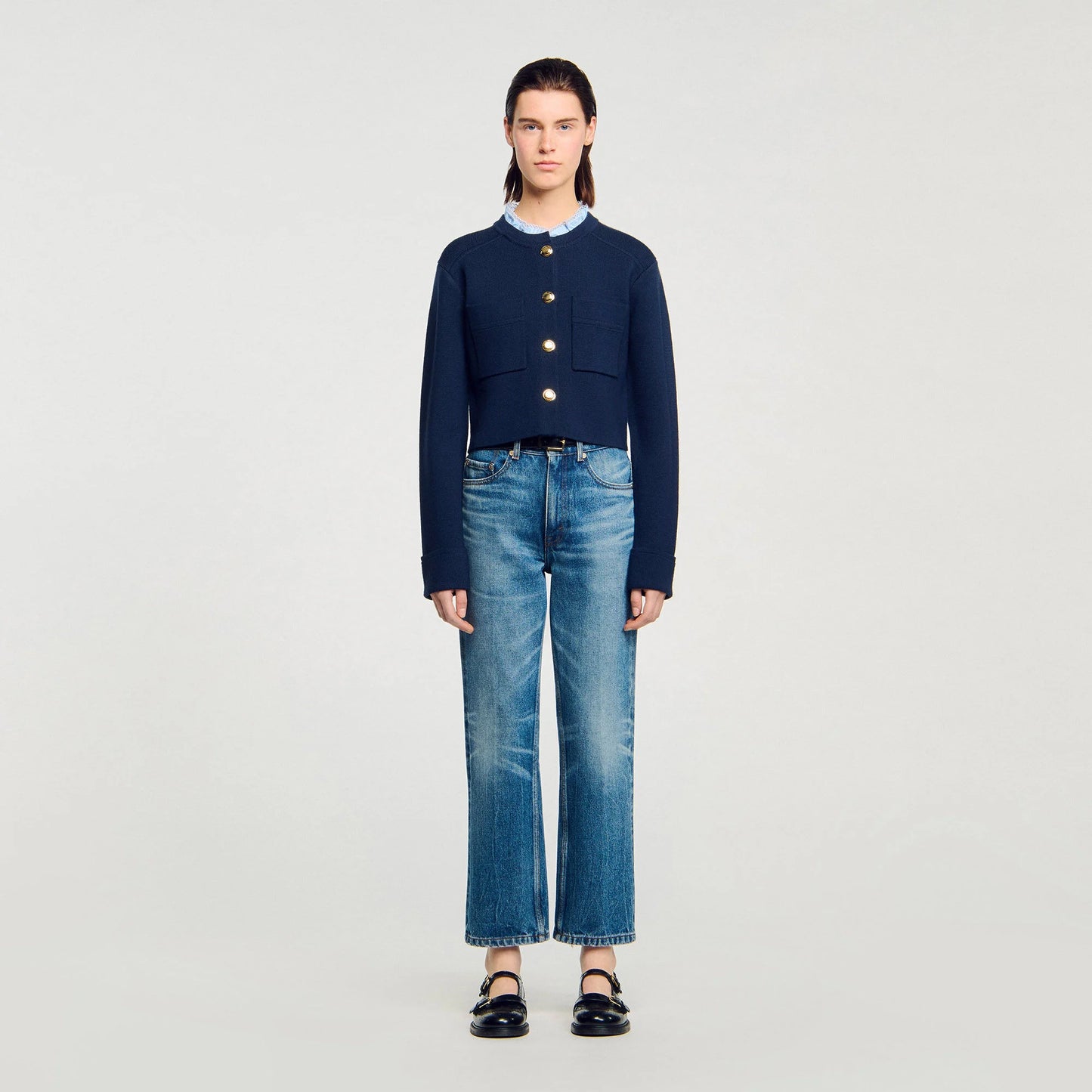 Meunie Cardigan With Ruffle Collar Navy Blue