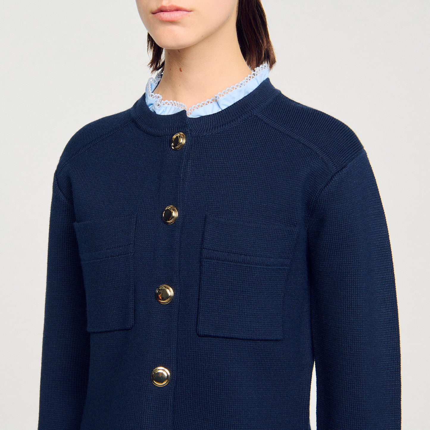 Meunie Cardigan With Ruffle Collar Navy Blue