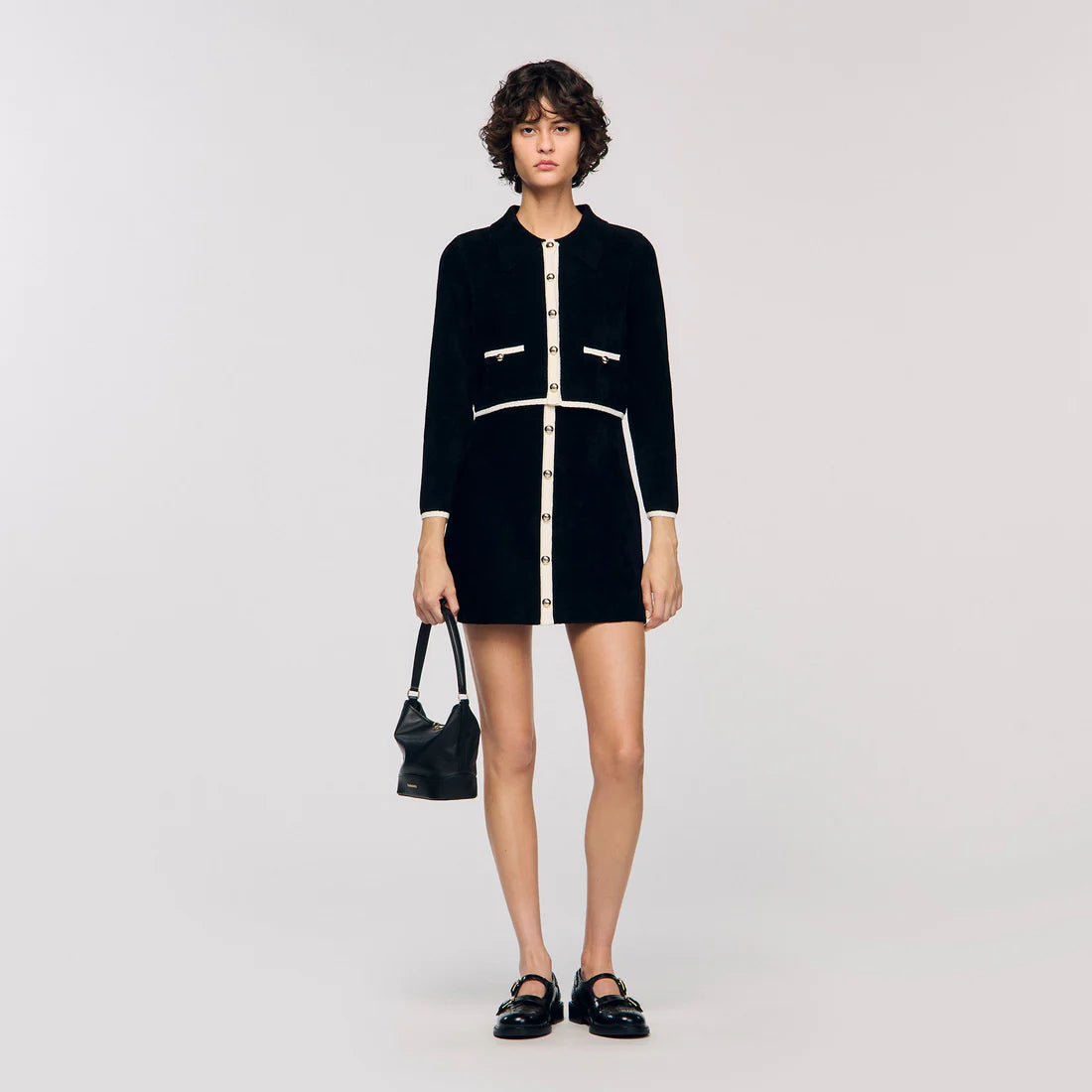 Fiorena Two-Tone Shirt Collar Cardigan Black