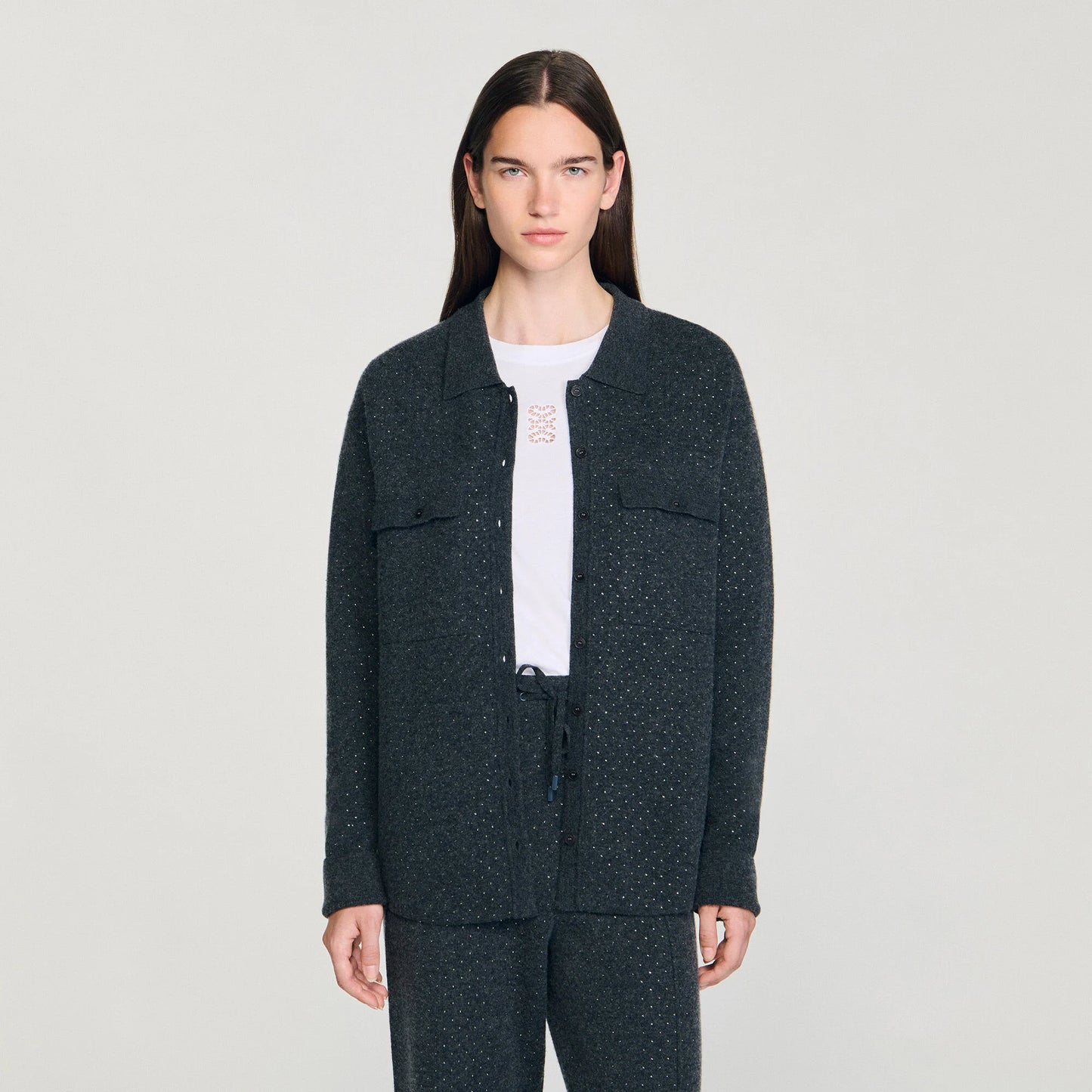 Vava Long Rhinestone Cardigan Charcoal Grey