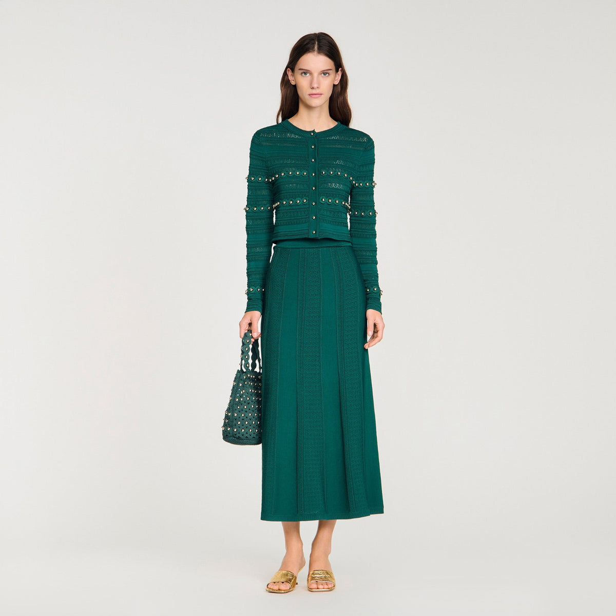 Laneo Pearl Textured Knit Cardigan DARK GREEN