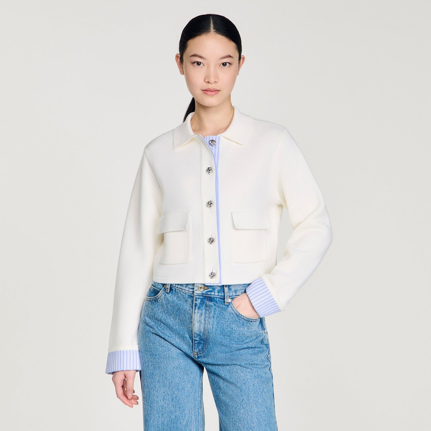Bruxelles Polo Cardigan With Poplin Details Ecru