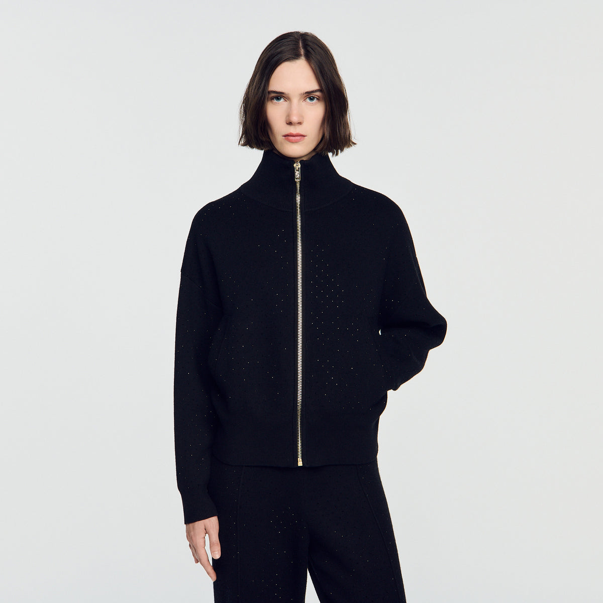 Lunaire Standing Collar Strass Cardigan Black