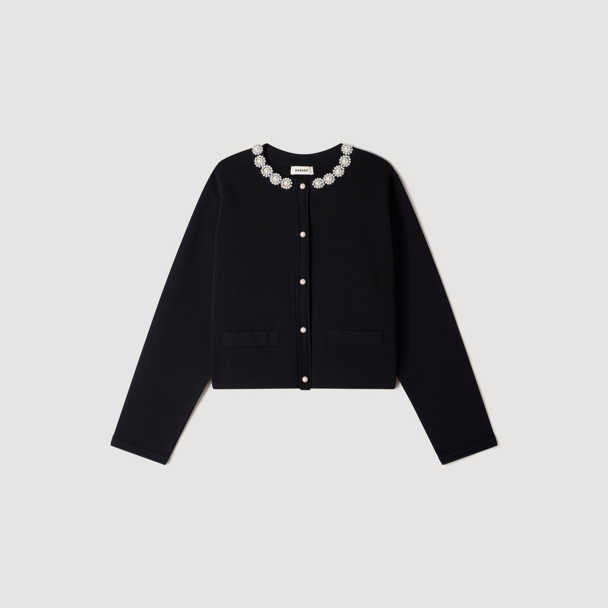 Aubrey Cardigan with pearl flower collar Black