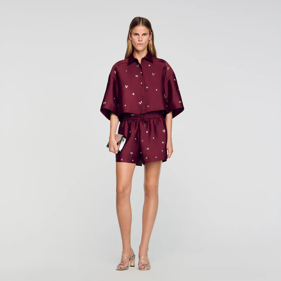 Onyx Rhinestone Wide-Leg Shorts Bordeaux