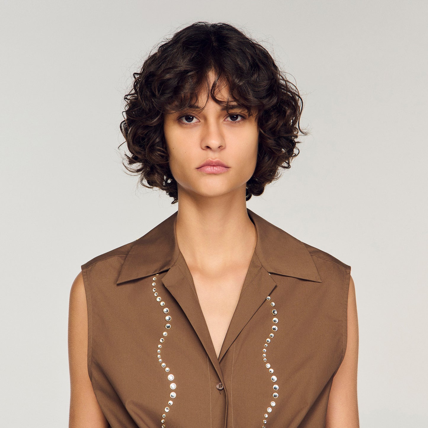 Tel Rhinestone Cropped Shirt Brown