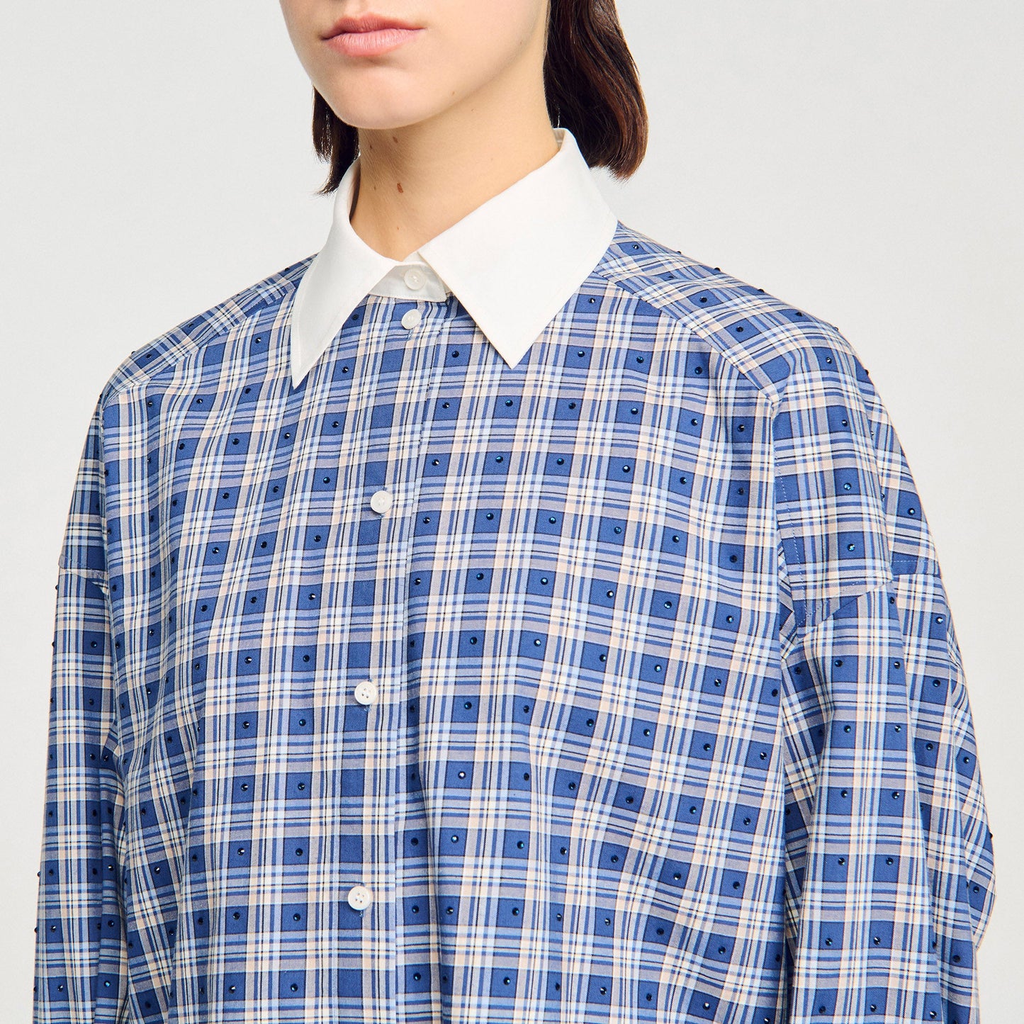 Tova Rhinestone Check Shirt Blue