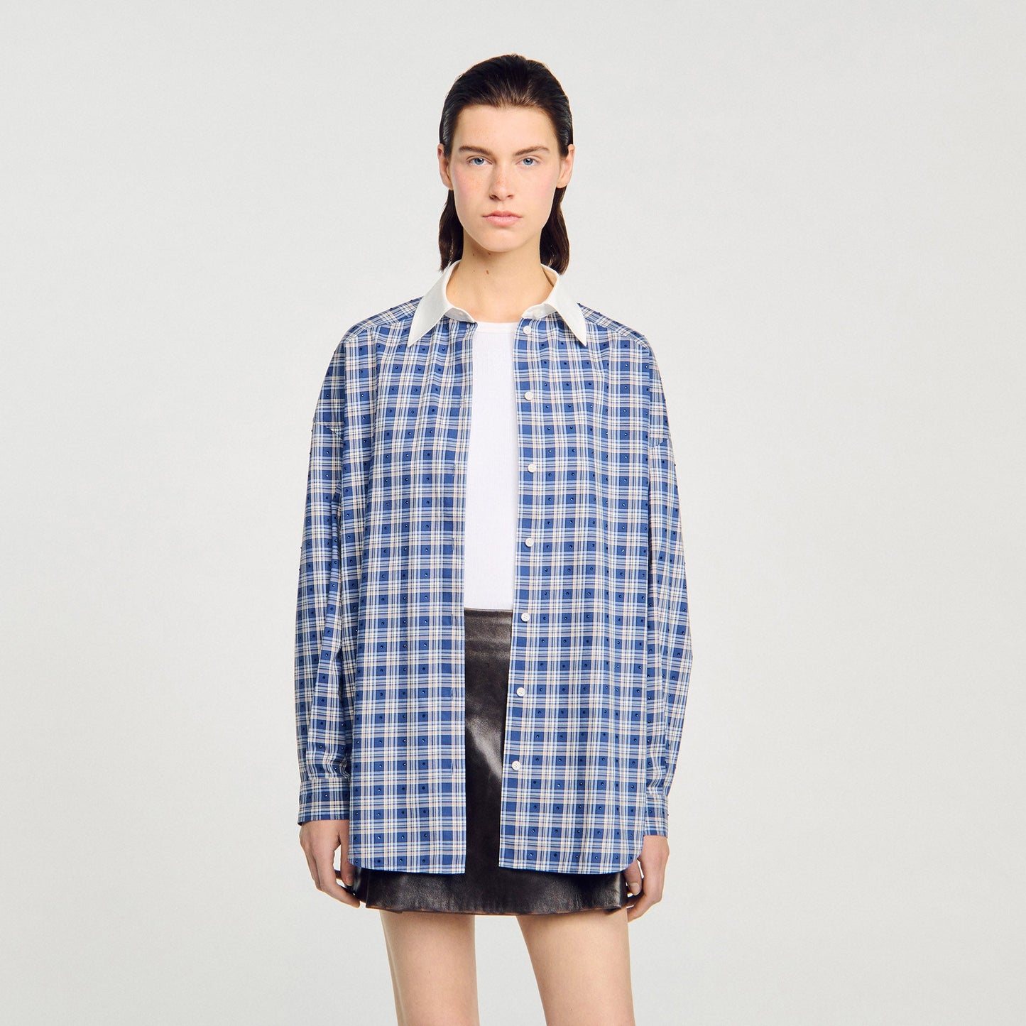 Tova Rhinestone Check Shirt Blue