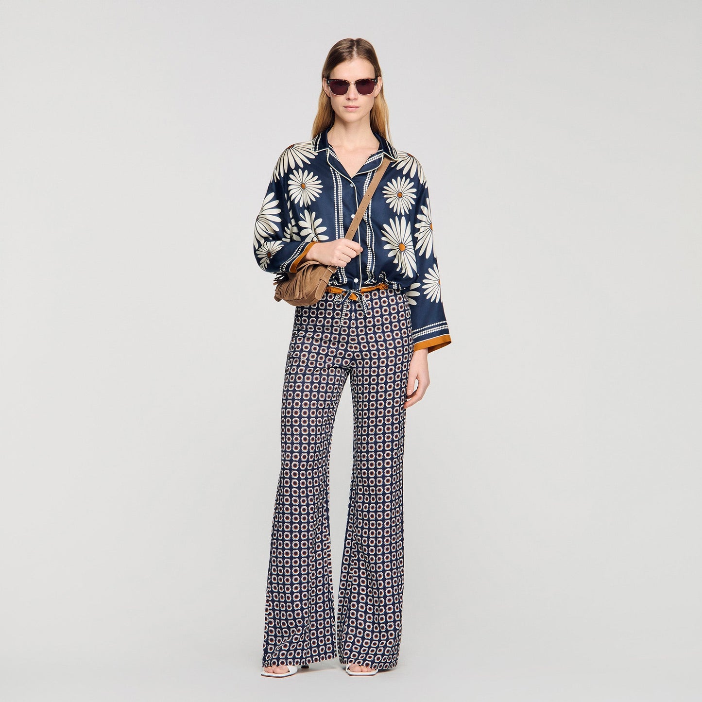 Dahlia Floral Print Silk Shirt Deep Blue / Ocher