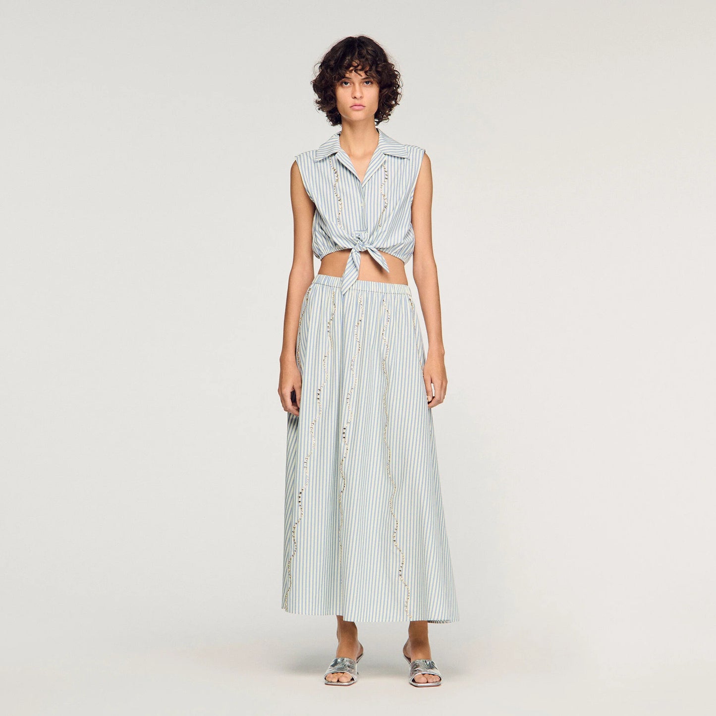 Lucio Cropped Striped Rhinestone Shirt Blue