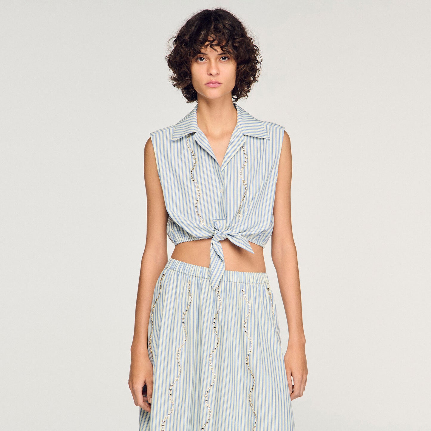 Lucio Cropped Striped Rhinestone Shirt Blue