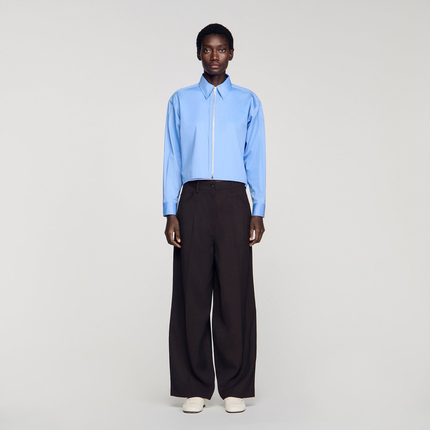 Julianna Cropped Logo Zip Cotton Shirt Blue