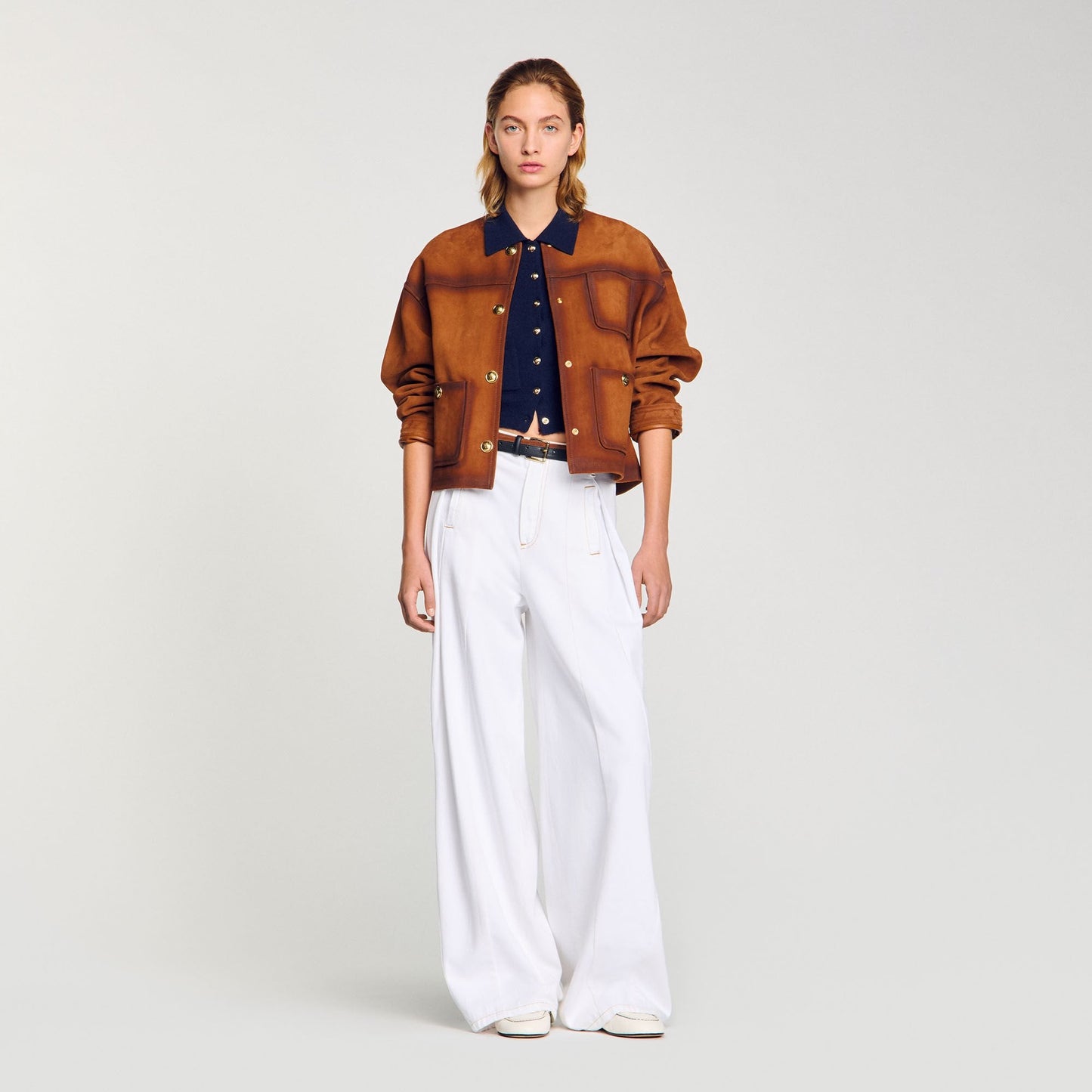 Topstitched Wide-Leg Jeans White