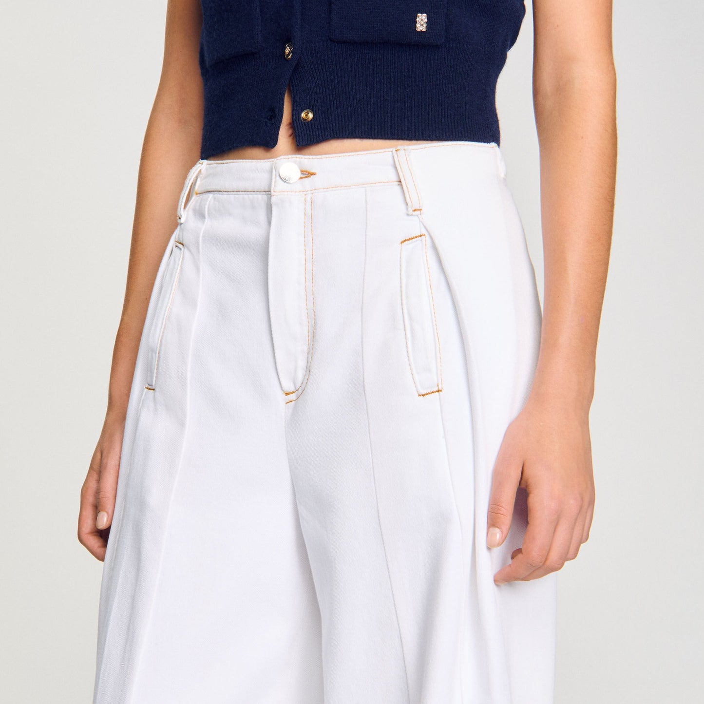 Topstitched Wide-Leg Jeans White