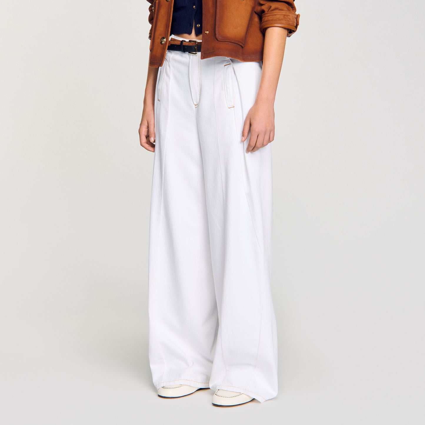 Topstitched Wide-Leg Jeans White