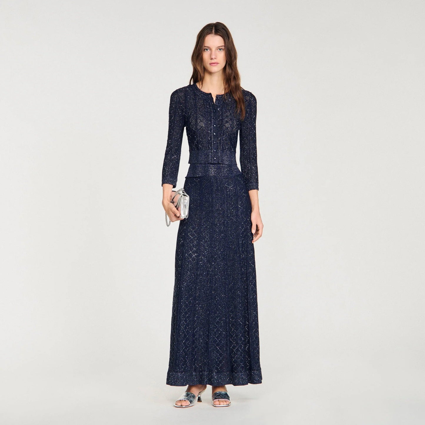Leslie Rhinestone Knit Maxi Skirt Navy Blue