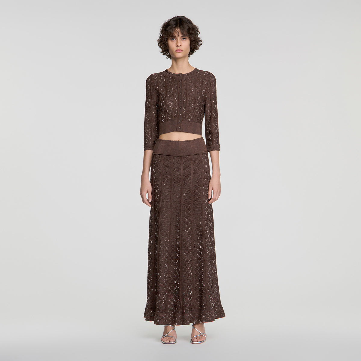 Leslie Long rhinestone knit skirt Brown