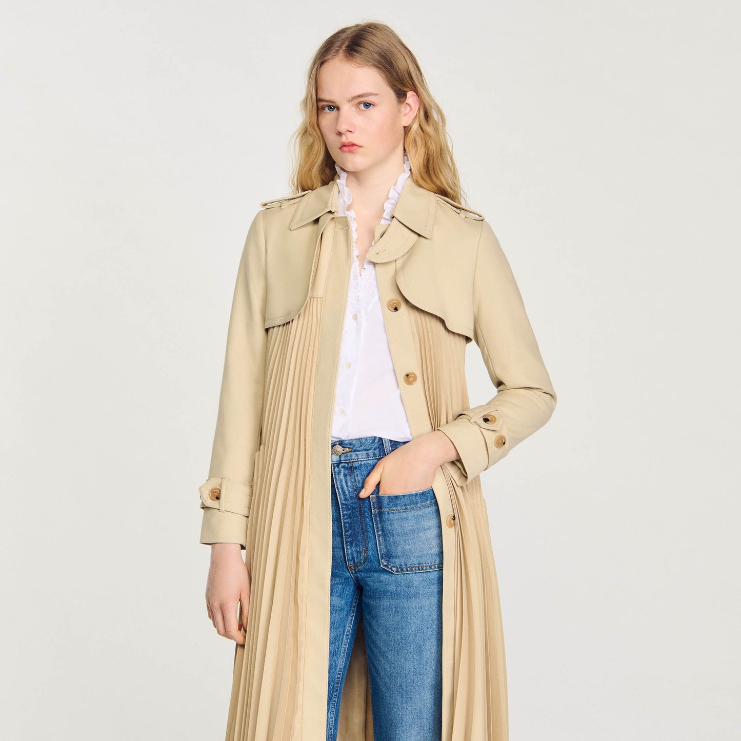Pleated Trench Coat With Belt Beige