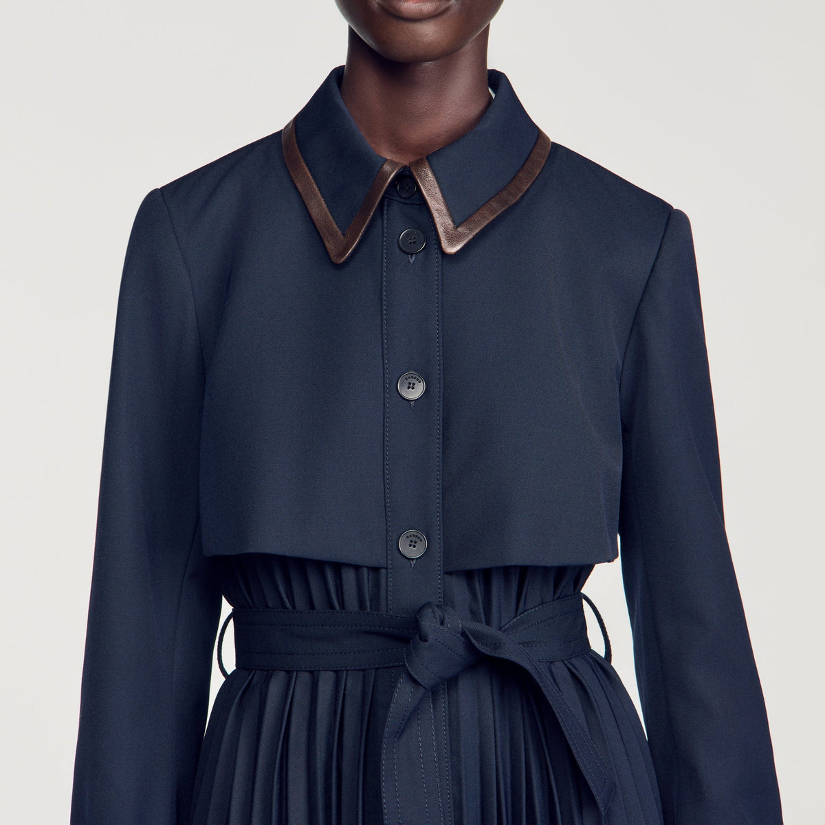 Regine Trench with pleated leather collar Navy Blue