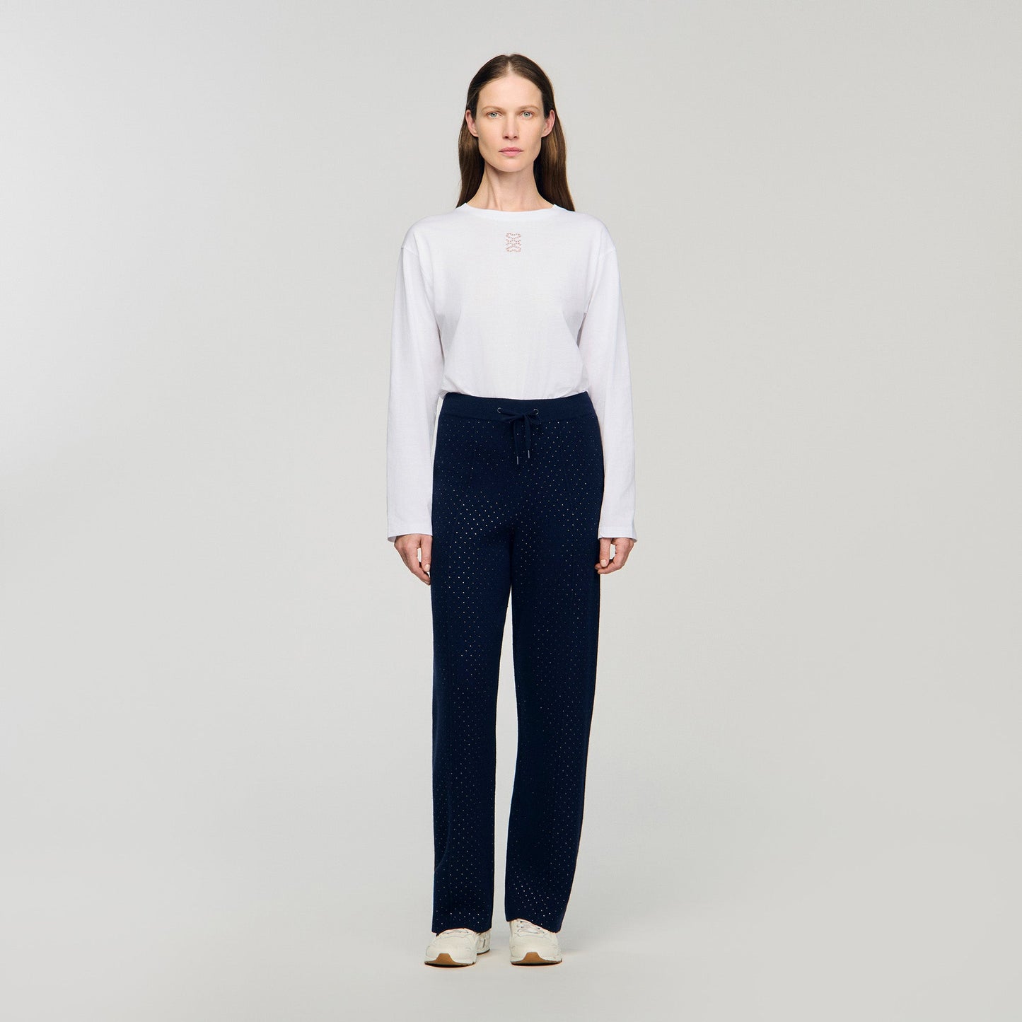 Vadim Knit Rhinestone-Covered Trousers Navy Blue