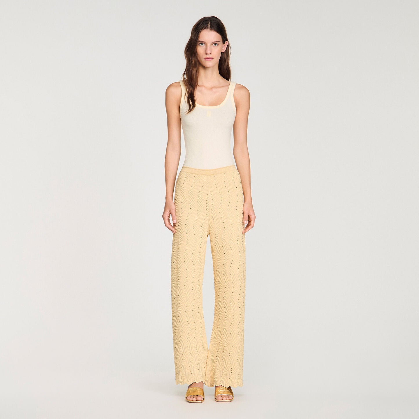 Lolame Rhinestone Knit Trousers Gold