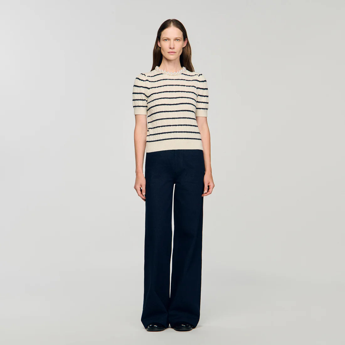 Madie Striped Jumper With Pearl Collar Ecru