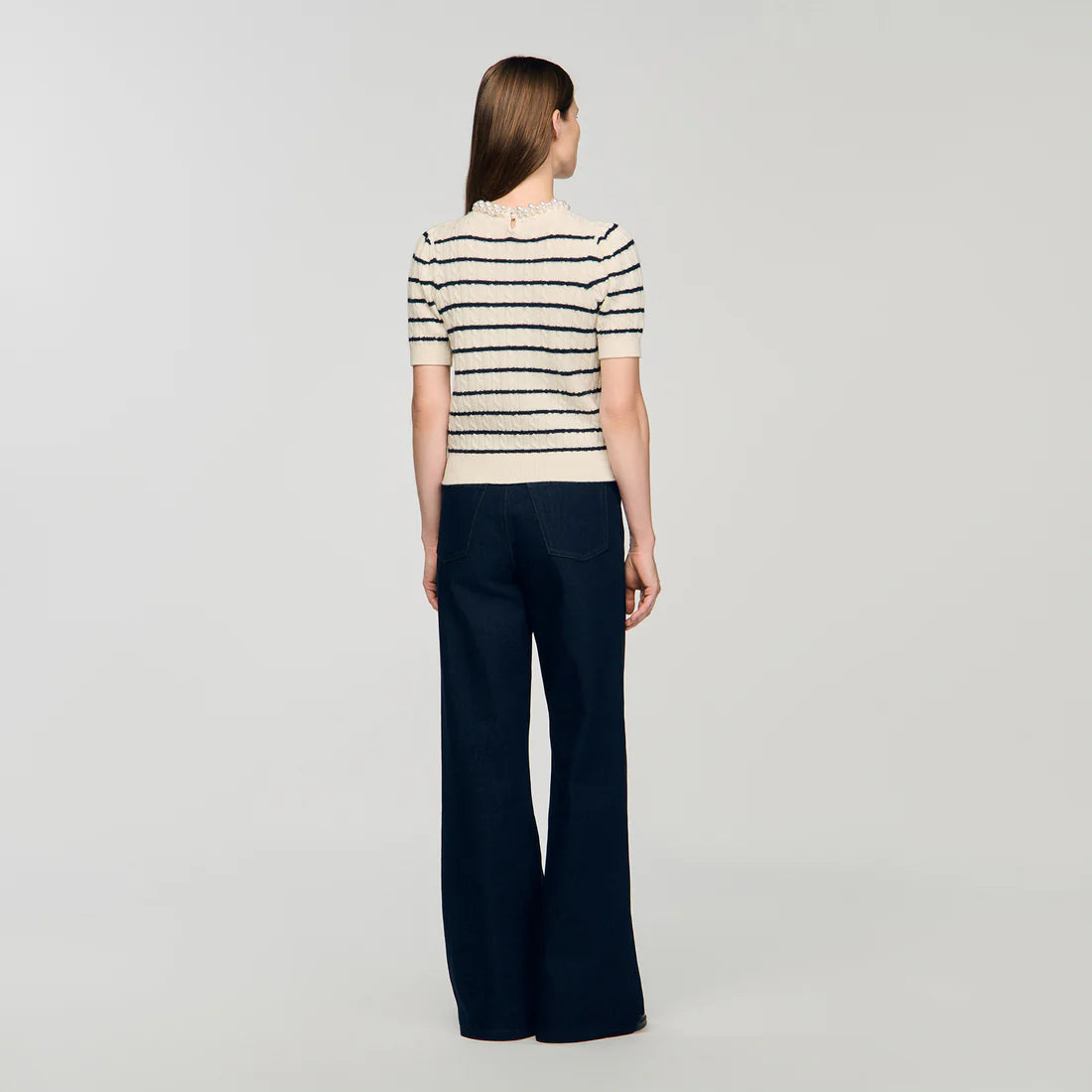 Madie Striped Jumper With Pearl Collar Ecru