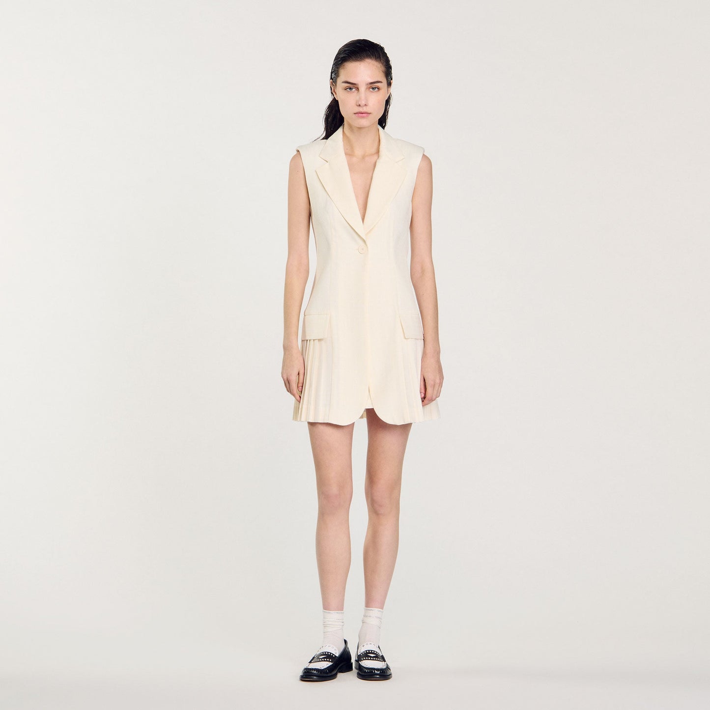 Short Pleated Suit Dress Ecru