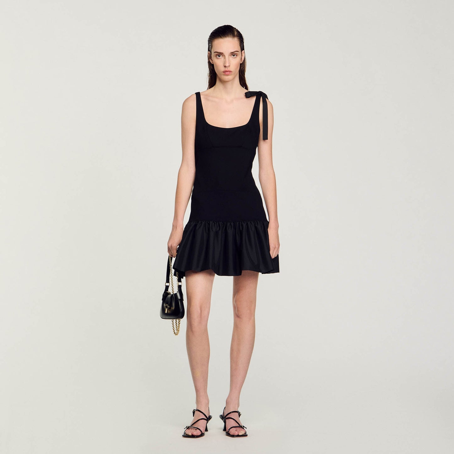 Dual-Material Short Dress Black