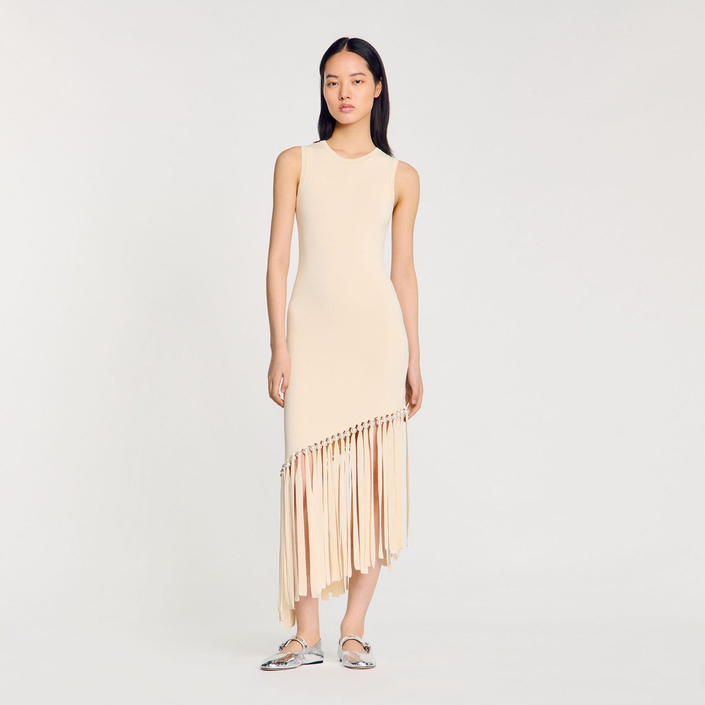 Swann Fringed And Beaded Knit Dress Ecru Ecru