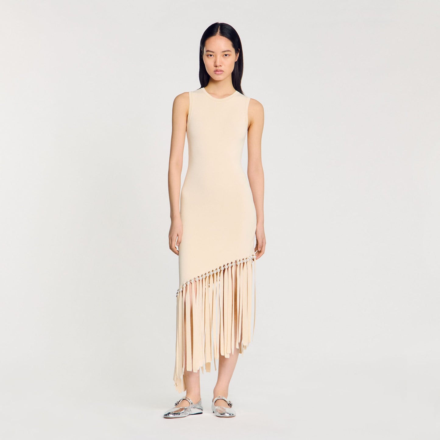 Swann Fringed And Beaded Knit Dress Ecru Ecru