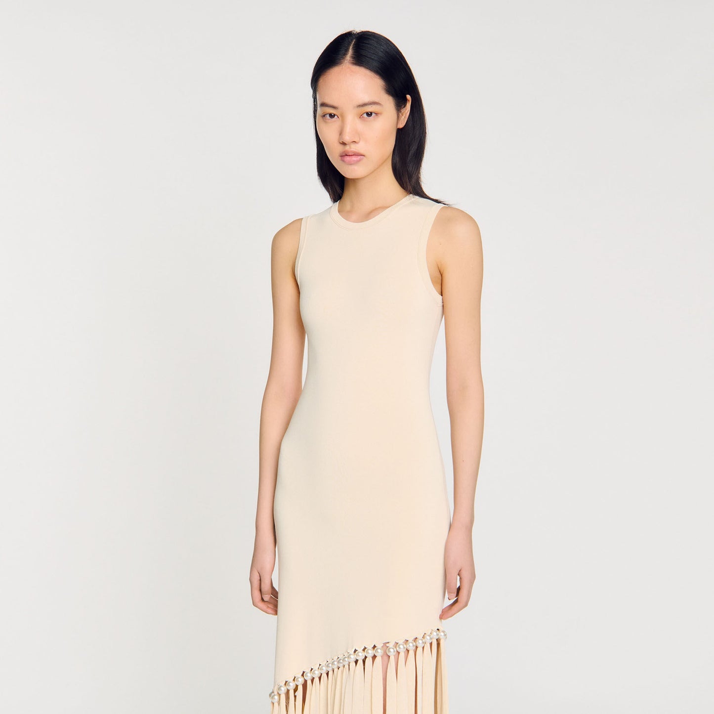 Swann Fringed And Beaded Knit Dress Ecru Ecru