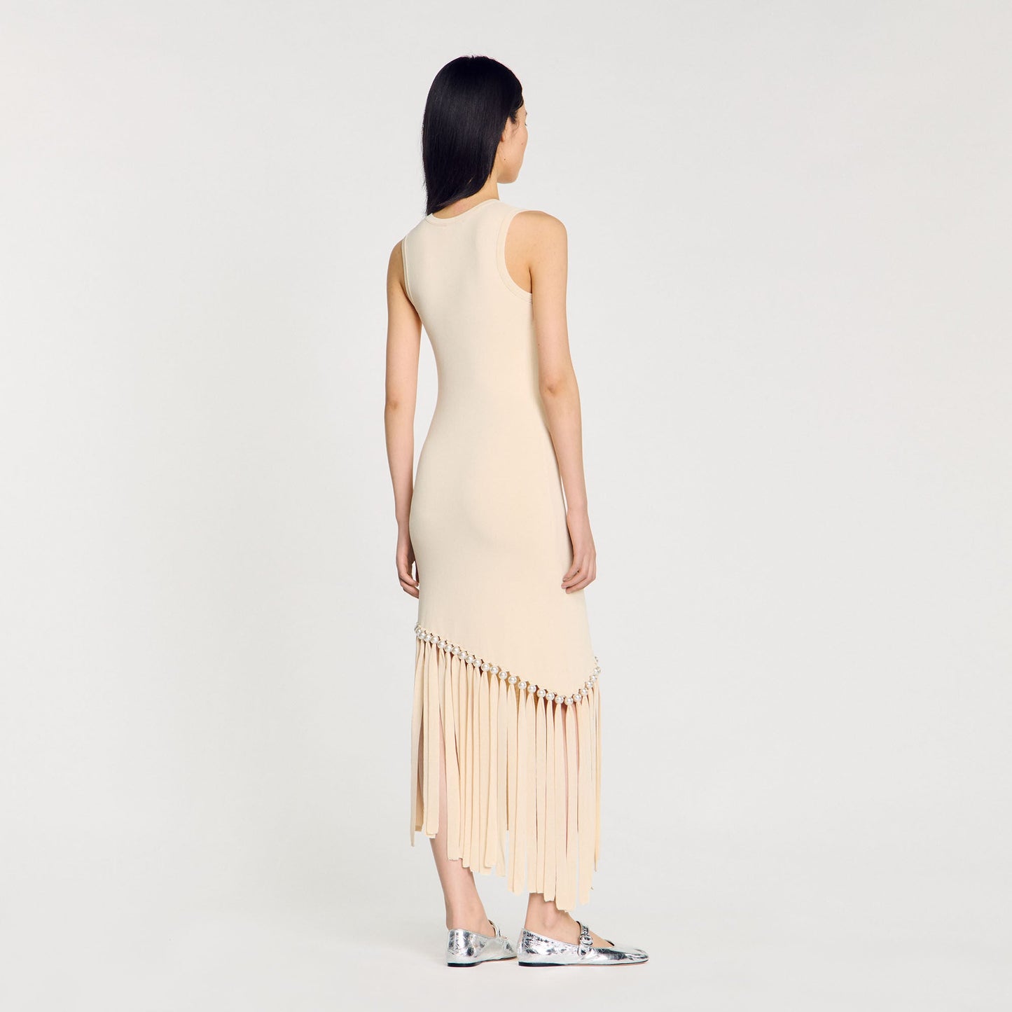 Swann Fringed And Beaded Knit Dress Ecru Ecru