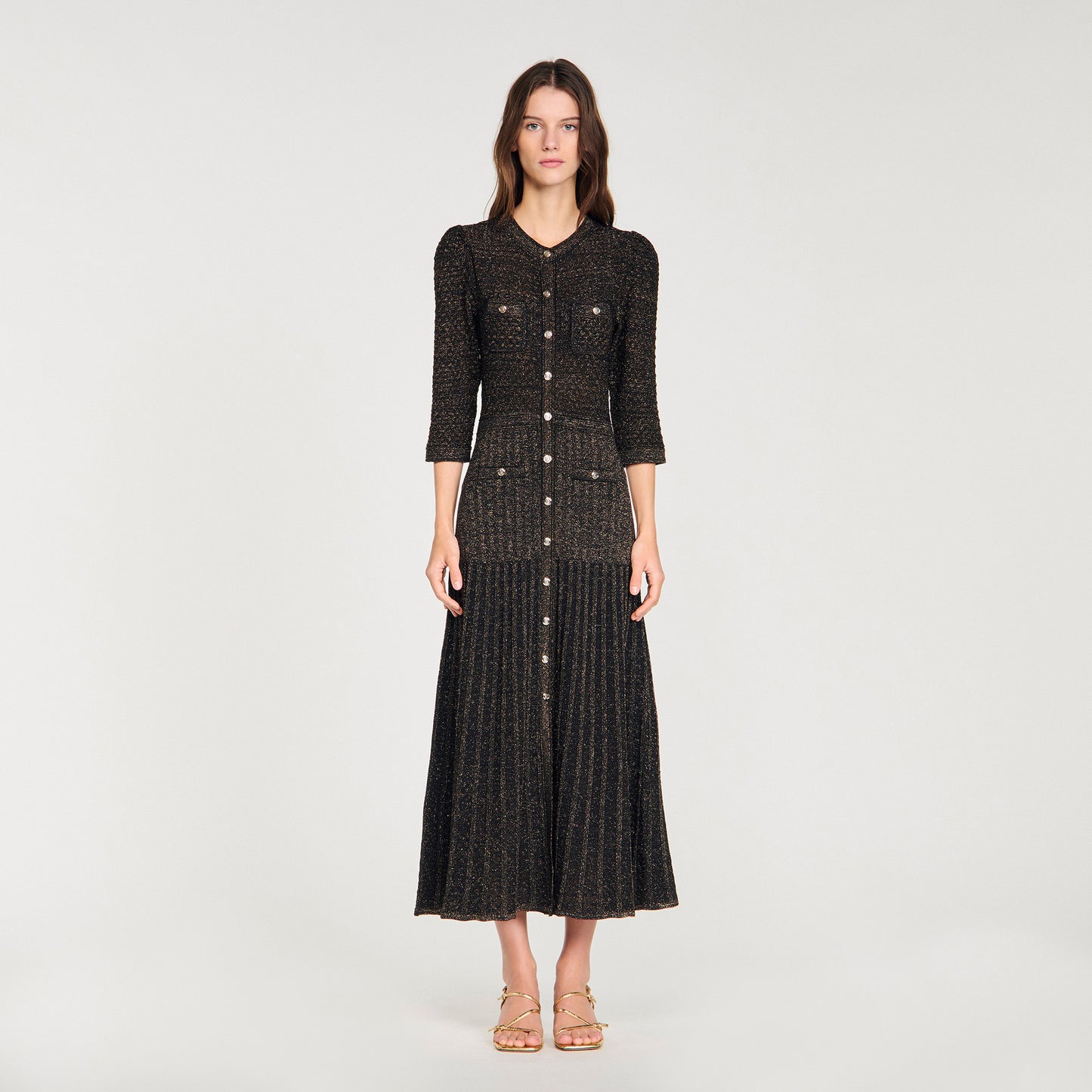 Ramia Pointelle Knit Midi Dress Black & Gold