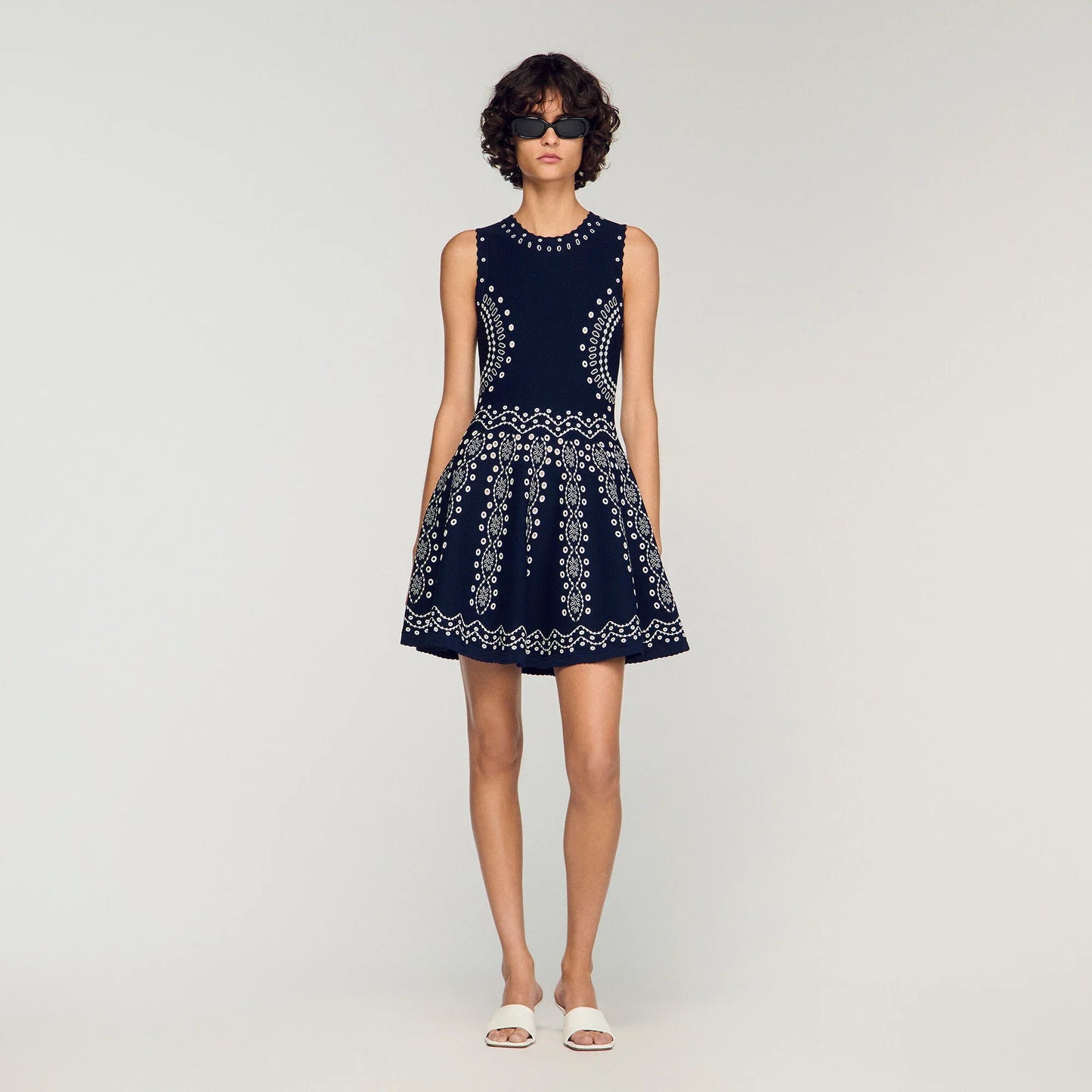 Capri Scarf-Print Knit Short Dress Navy Blue