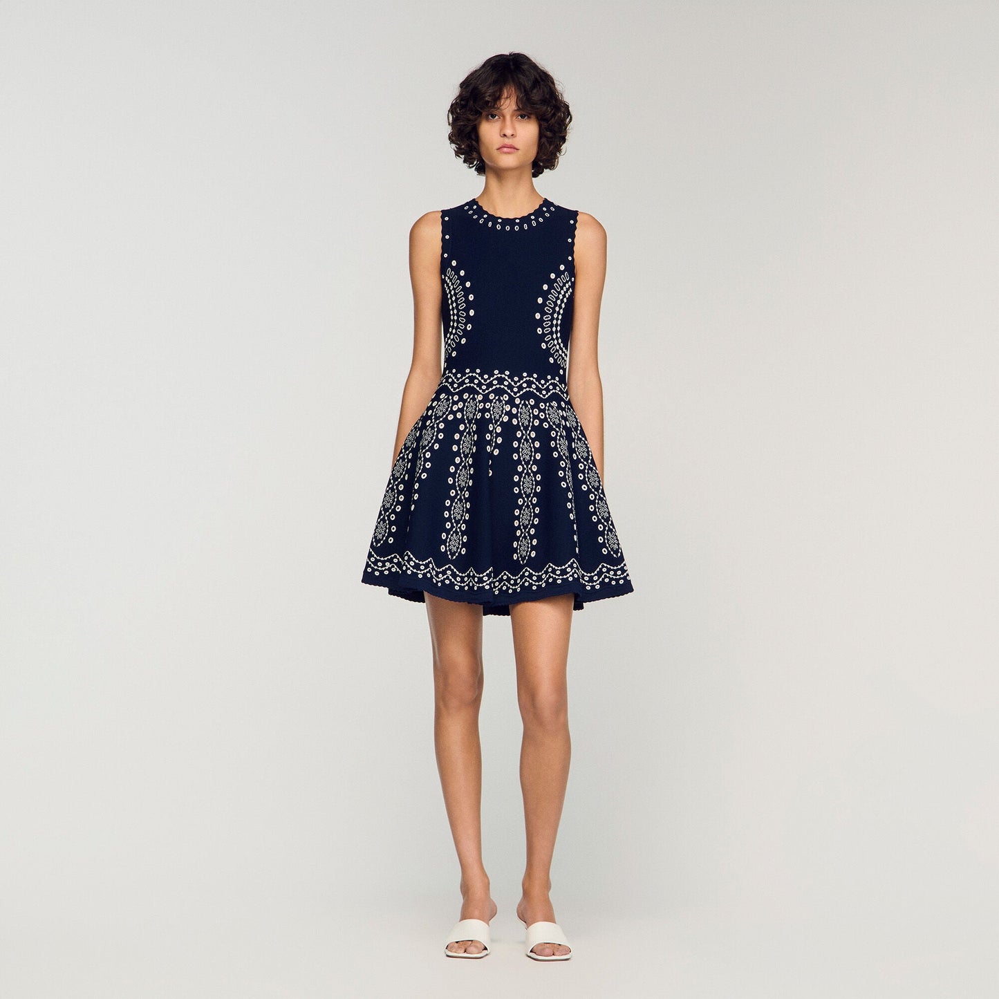 Capri Scarf-Print Knit Short Dress Navy Blue