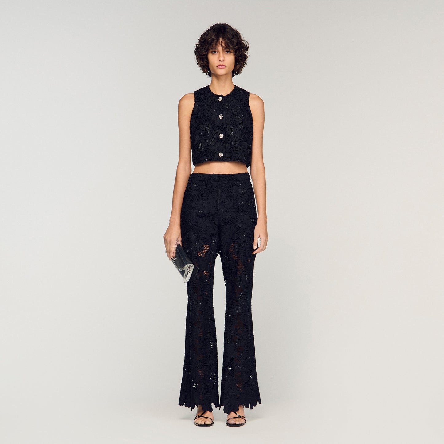Amie Embroidered Guipure Crop Top Black
