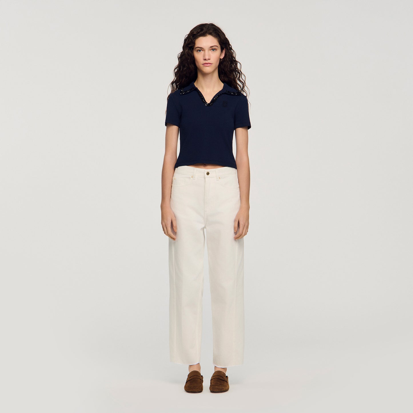 Auxane Pearl Collar Polo Navy Blue