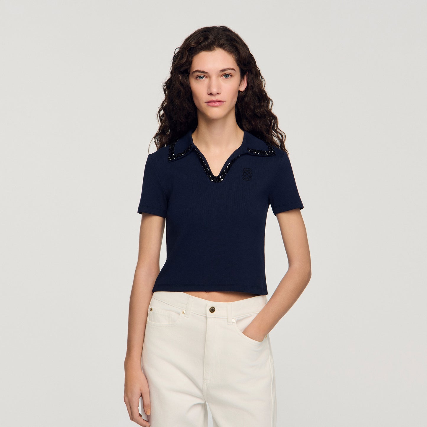 Auxane Pearl Collar Polo Navy Blue
