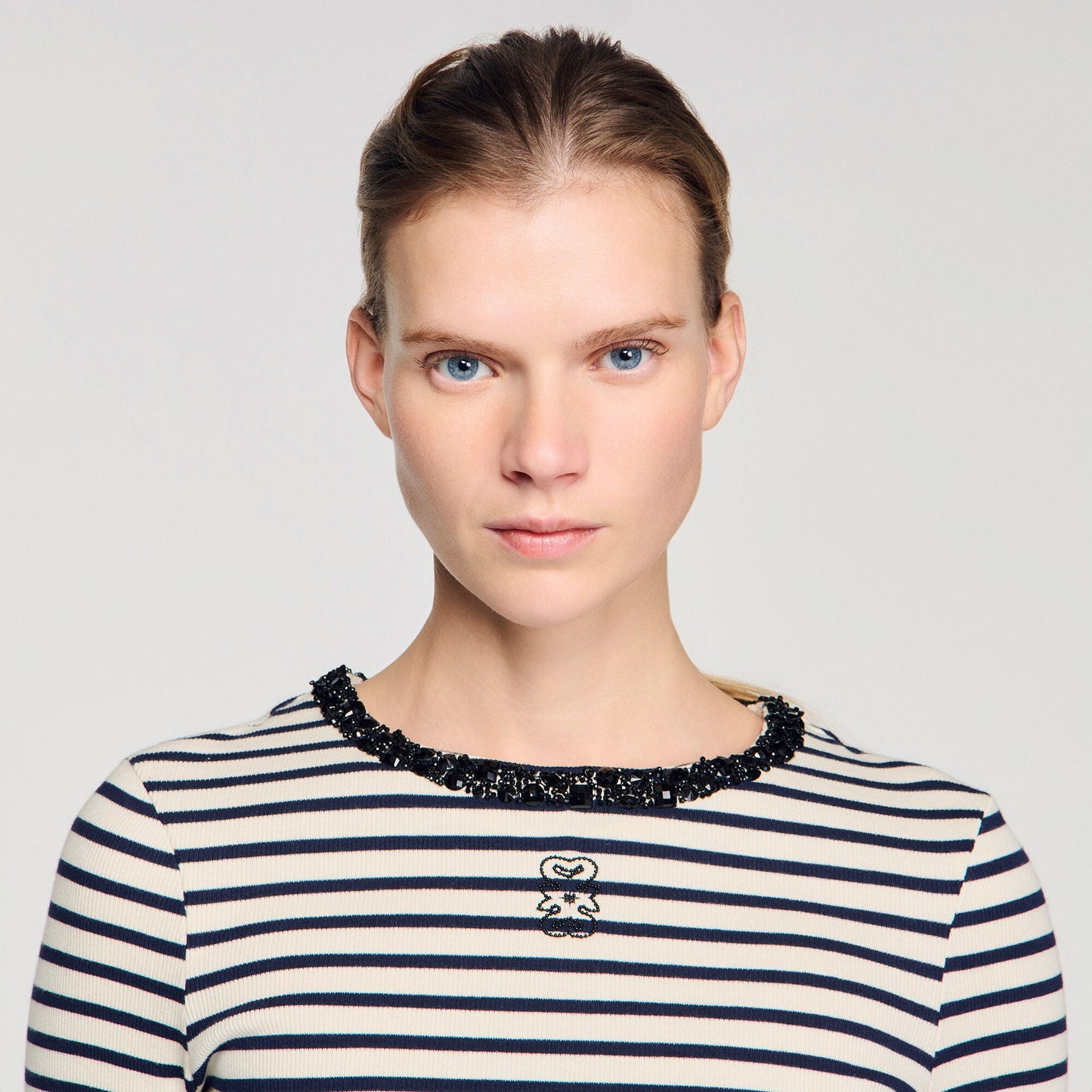 Aubin Short Striped Tee With Pearl Collar Navy Blue
