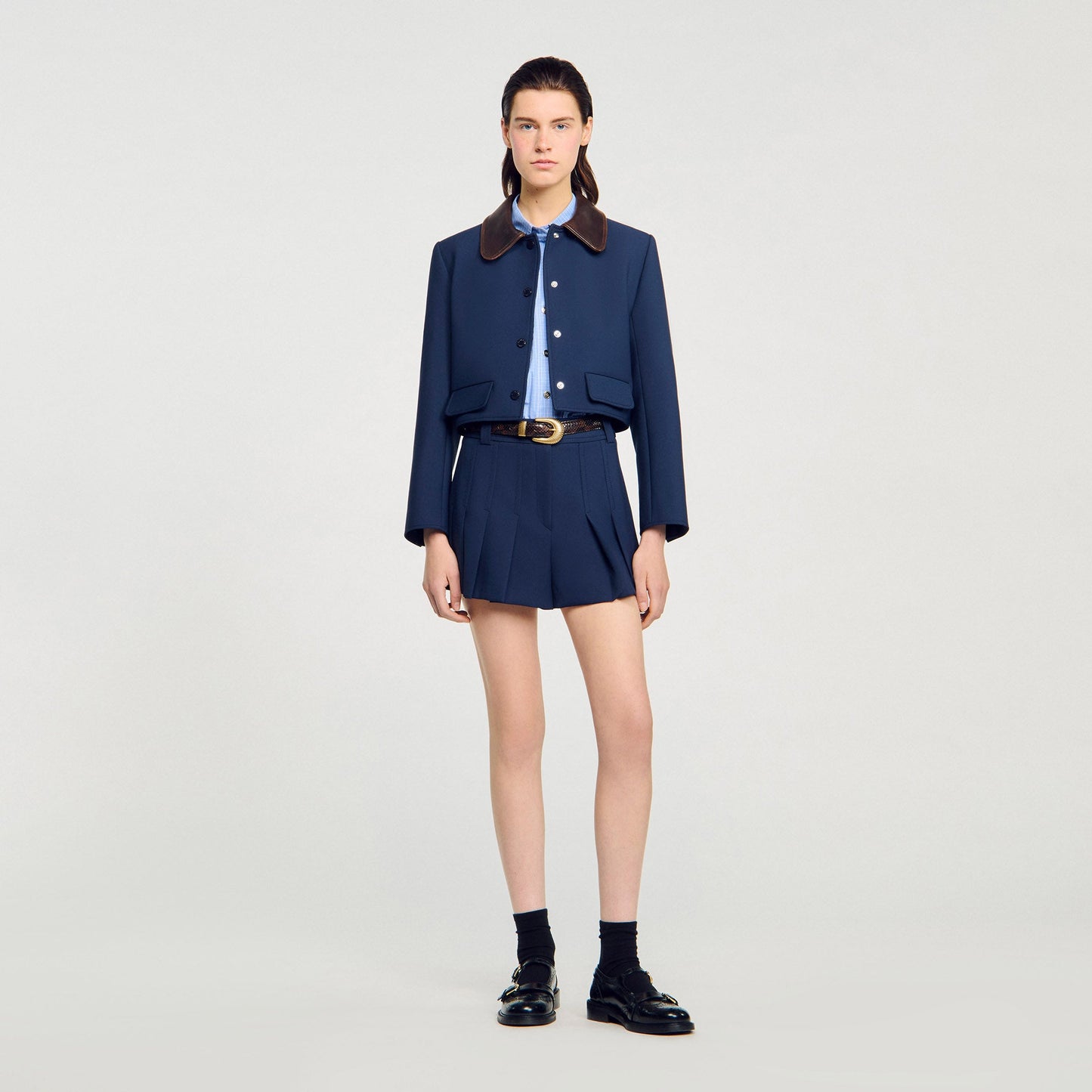 Cropped Jacket With Leather Collar Navy Blue