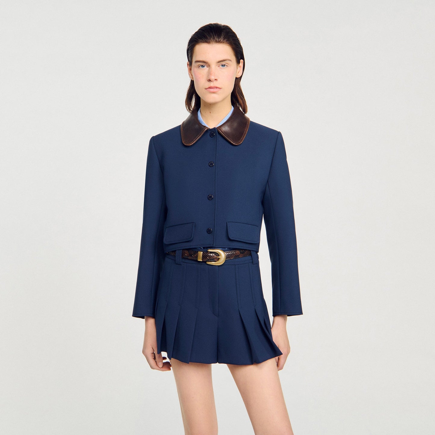 Cropped Jacket With Leather Collar Navy Blue