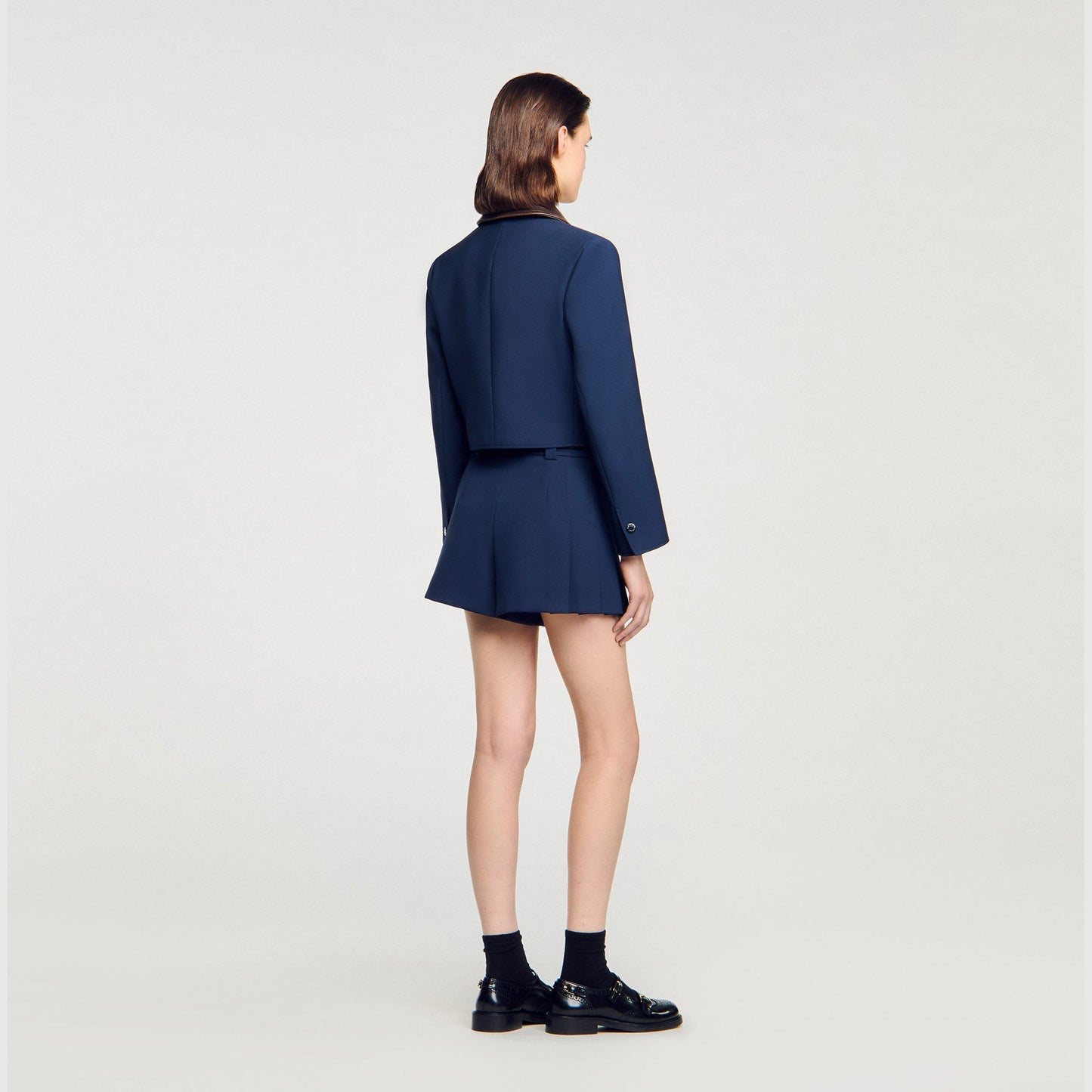 Cropped Jacket With Leather Collar Navy Blue