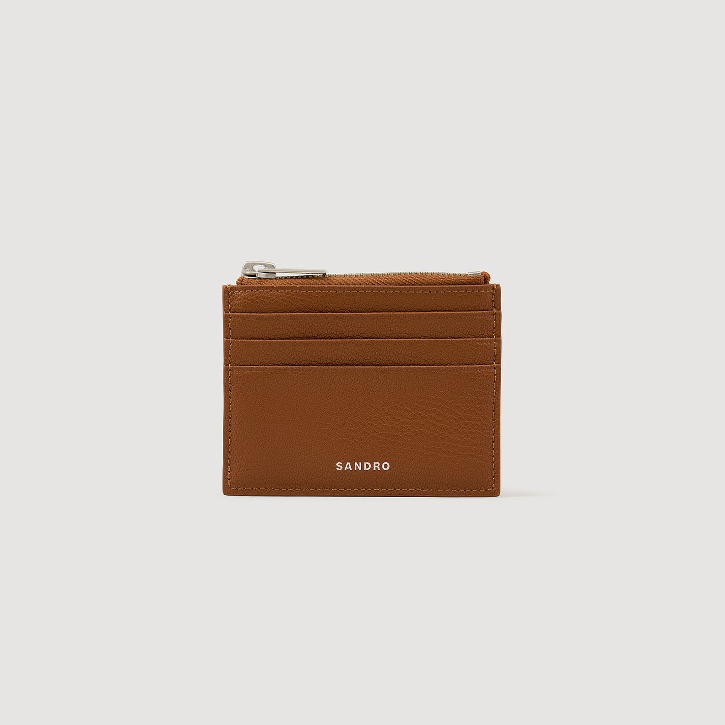 Zipper Grain Grained Leather Zip Card Holder Cognac
