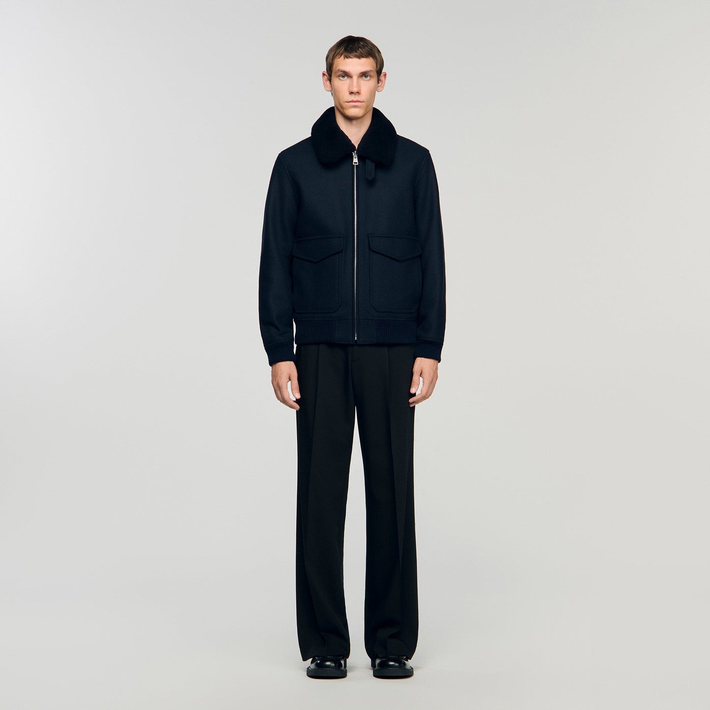 Aviator Wool Aviator Jacket With Shearling Navy Blue