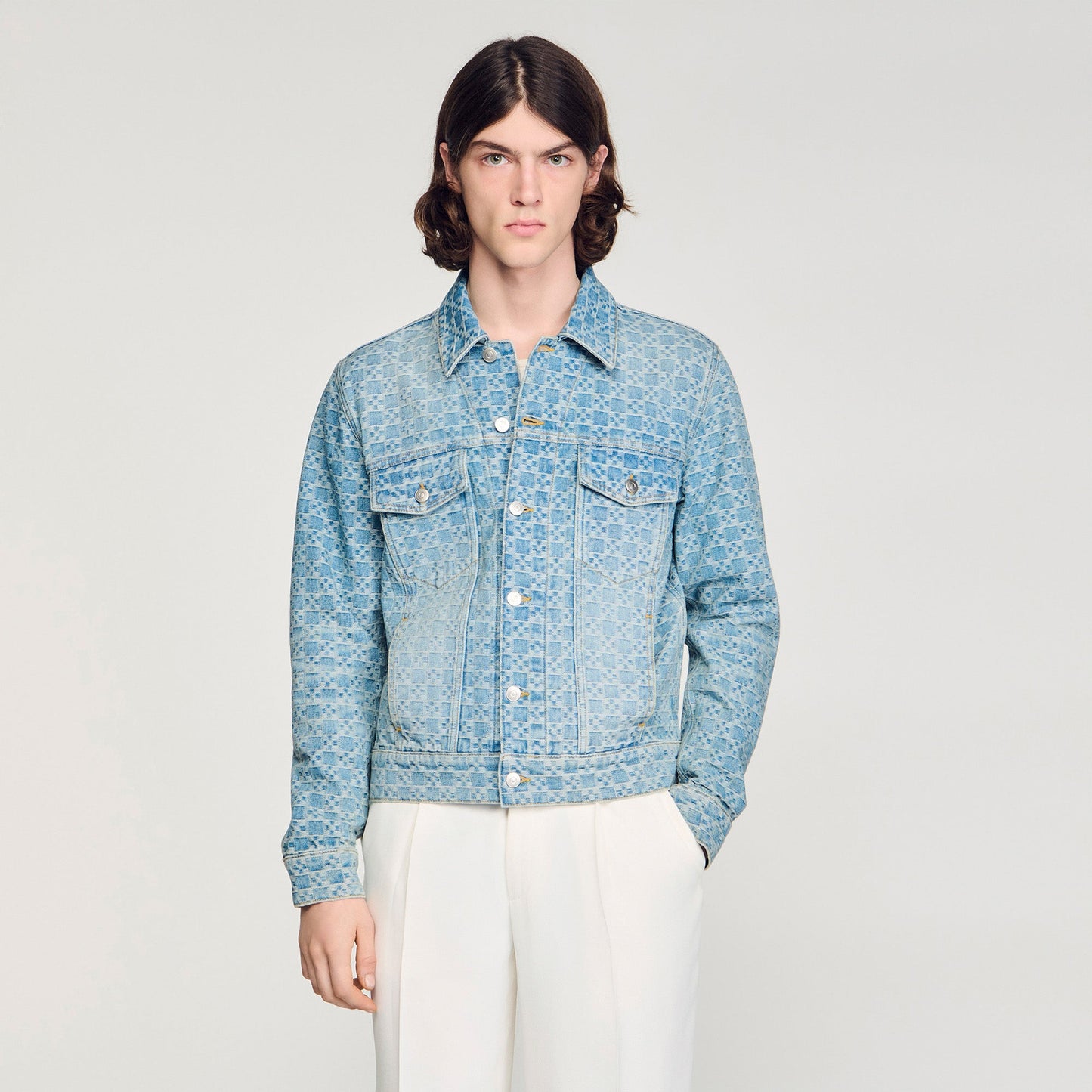 Cross Sanded Trucker Square Cross Denim Jacket SKY BLUE